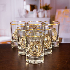 Набор из 6-ти рюмок для водки с золотой обводкой с накладкой "Стрелец" в деревянной шкатулке GP-300318